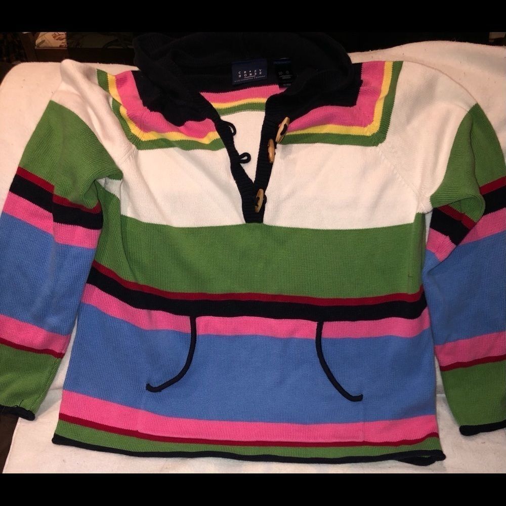 𝅺EUC Liz Claiborne Crazy Horse Wood Button Hooded Sweater